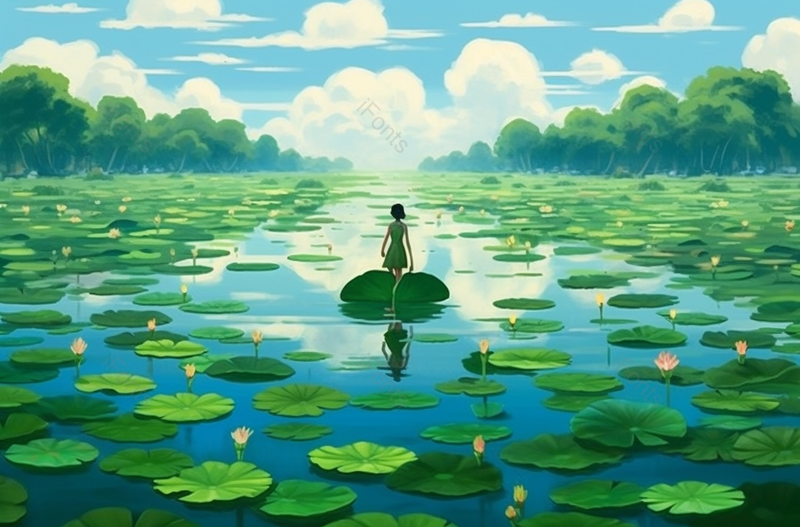 清新美丽女人水中沉思荷花绽放盛开荷叶植物户外唯美插画,插画/手绘图,插画/手绘图库,插画/手绘图下载,插画/手绘